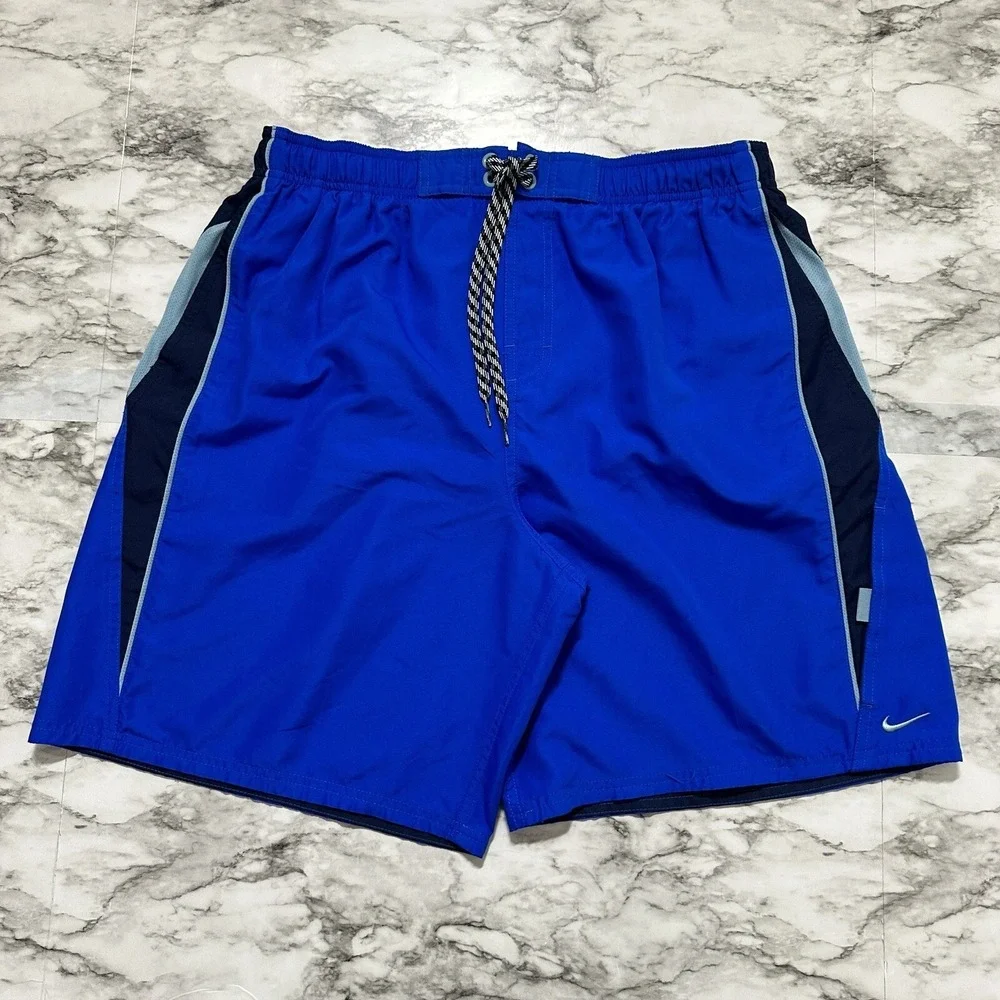 Nike Men's Swim Trunks Suit Board Shorts XL Slim Waist Blue Black Lined Pocket